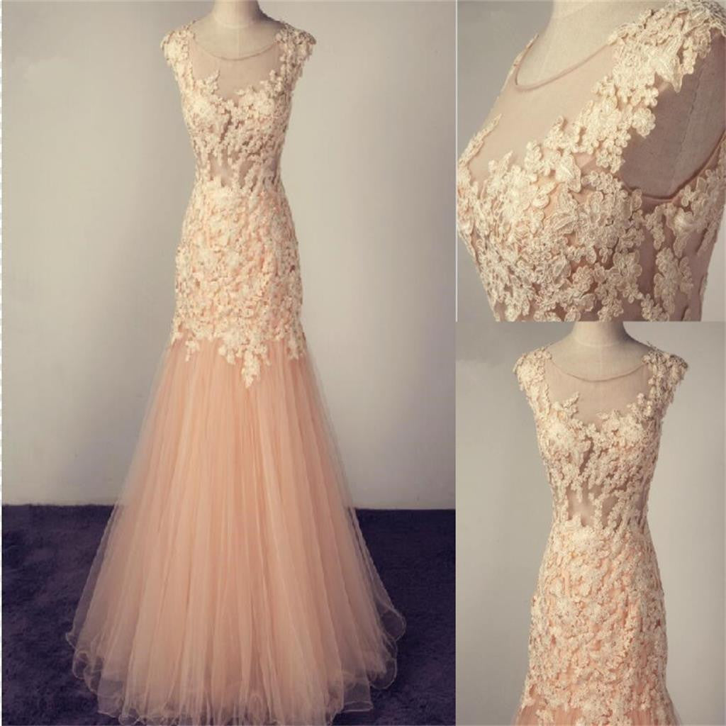 Scoop Tulle Lace Appliques Charming Popular Pretty Evening Long Prom Dress, PD0138