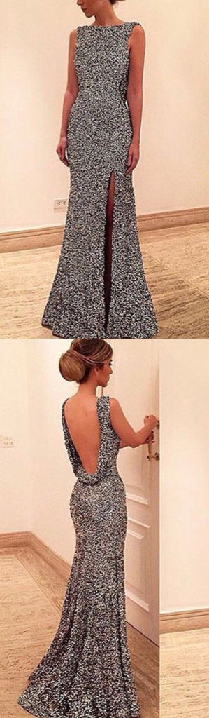 Side Slit Silver Sequin Backless Sexy New Arrival Evening Long Prom Dresses Online, PD0142