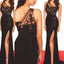 One Shoulder Side Slit Formal Sexy Cheap Black Lace Evening Long Prom Dress, PD0148