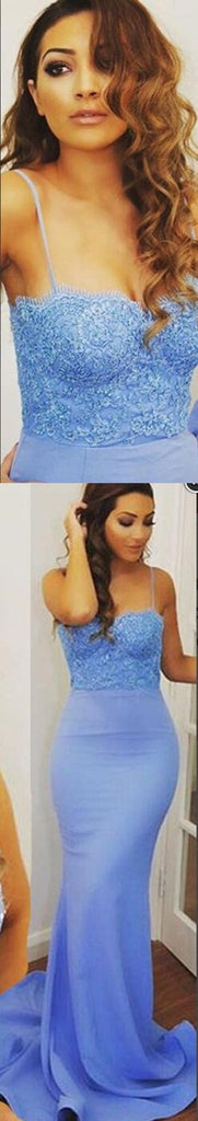 Spaghetti Straps Mermaid Blue Lace Sexy Evening Cheap Long Prom Dress, PD0151