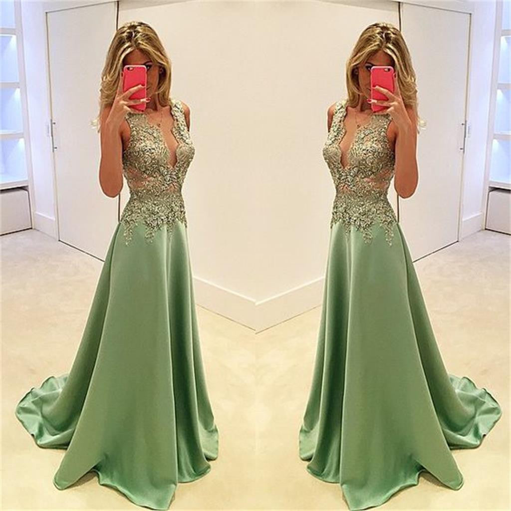 Deep V-Neck Stunning A-line Sexy Fashion Green Evening Long Prom Dress Wish Gown Deep V-Neck Stunning A-line Sexy Fashion Green Evening Long Prom Dress Wish Gown
