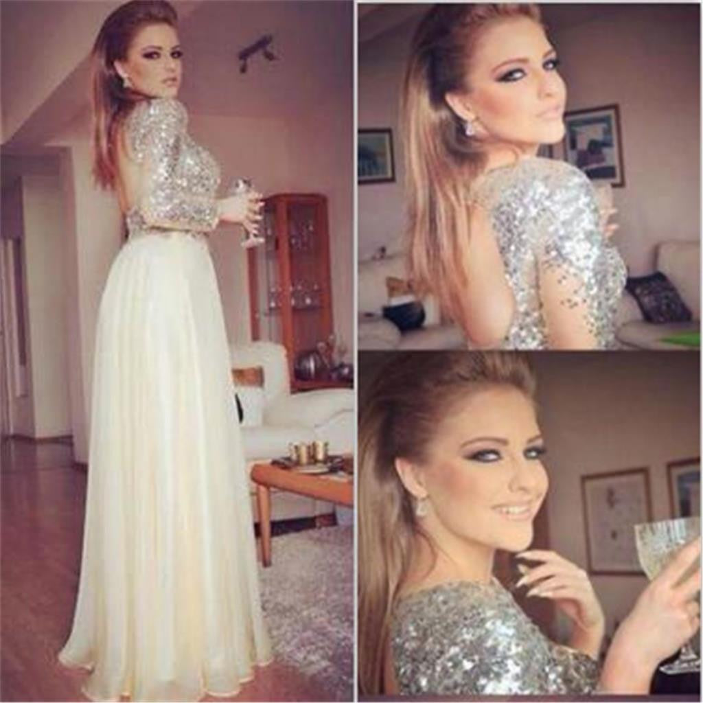 Long Sleeves Sequined Open Back A Line Formal Cheap Evening Party Long Prom Dress, PD0172