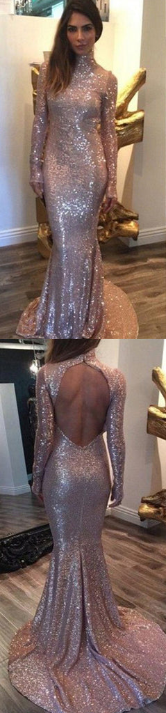 Long Sleeves Sequined High Neck Open Back Sexy Mermaid Inexpensive Evening Long Prom Dress, PD0174