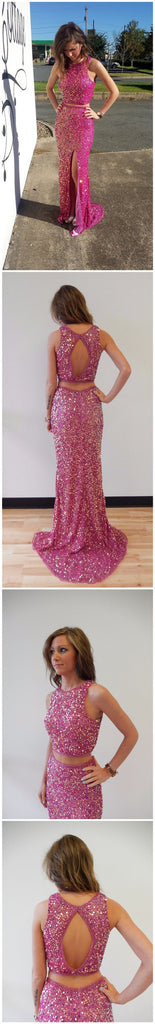 Two Pieces Sparkle Sequin Side Slit Open Back Evening Cheap Long Prom Dress, PD0180