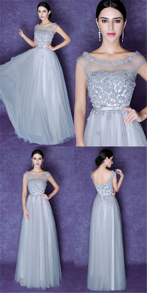 Tulle Scoop Gray Beautiful Cheap Bridesmaid Party Evening Long Prom Dress, PD0183