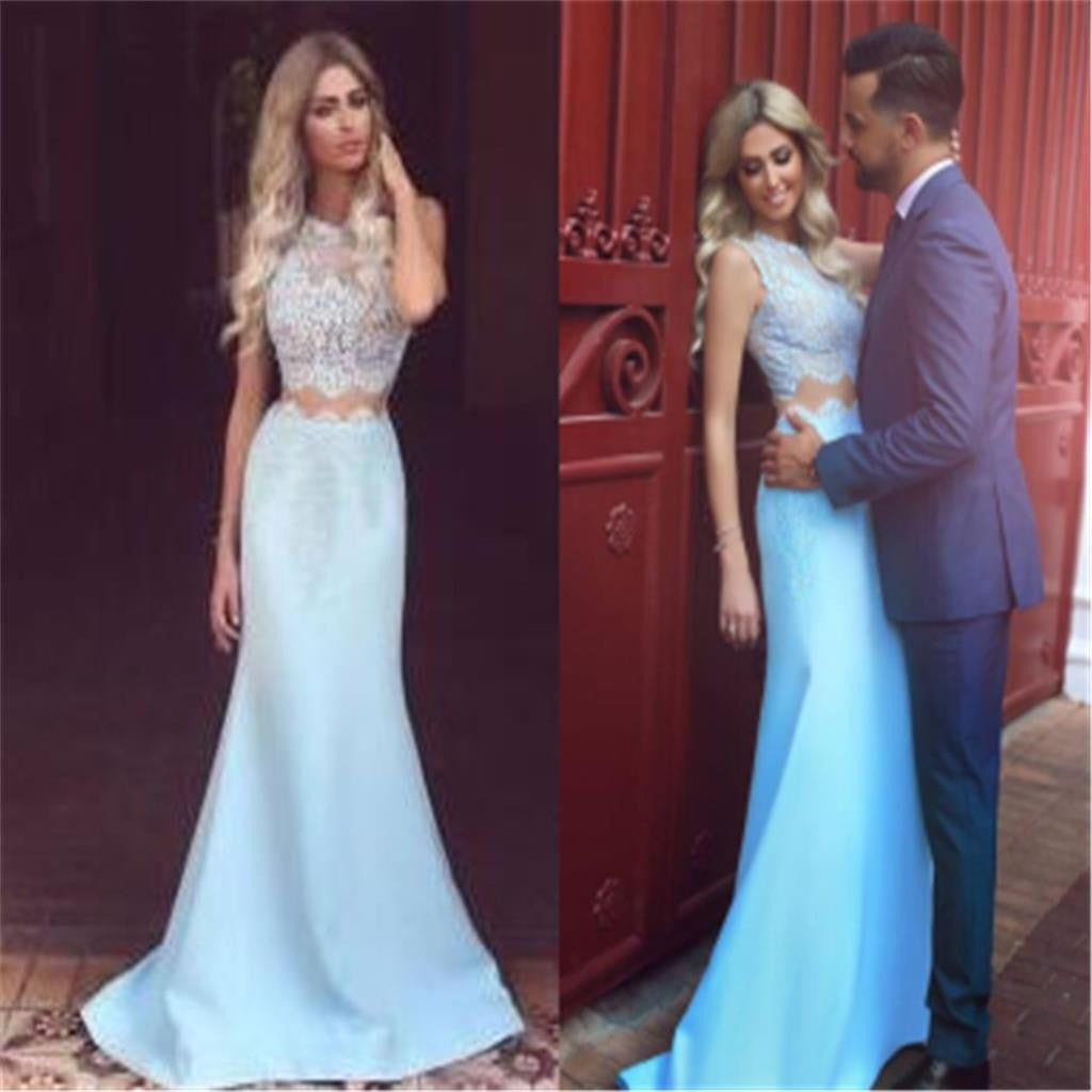 Two Pieces Strapless Blue Lace Mermaid Fashion Evening Affordable Long Prom Dress, PD0190