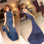 Simple High Neck Blue Mermaid Sexy Evening Party Discount Long Prom Dress, PD0192