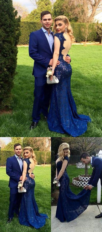 Royal Blue Backless Lace Sexy Mermaid Charming Long Evening Prom Dresses, PD0196