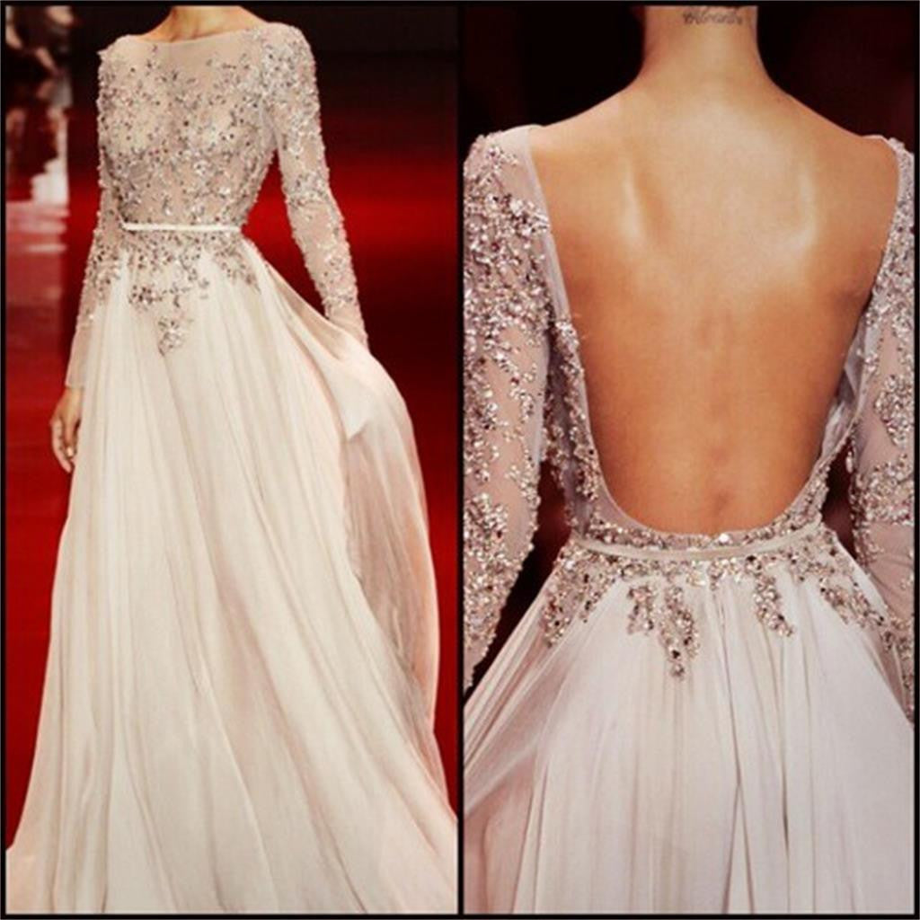 Long Sleeves Charming Floor-length Backless Cocktail Evening Party Long Prom Dress, PD0201