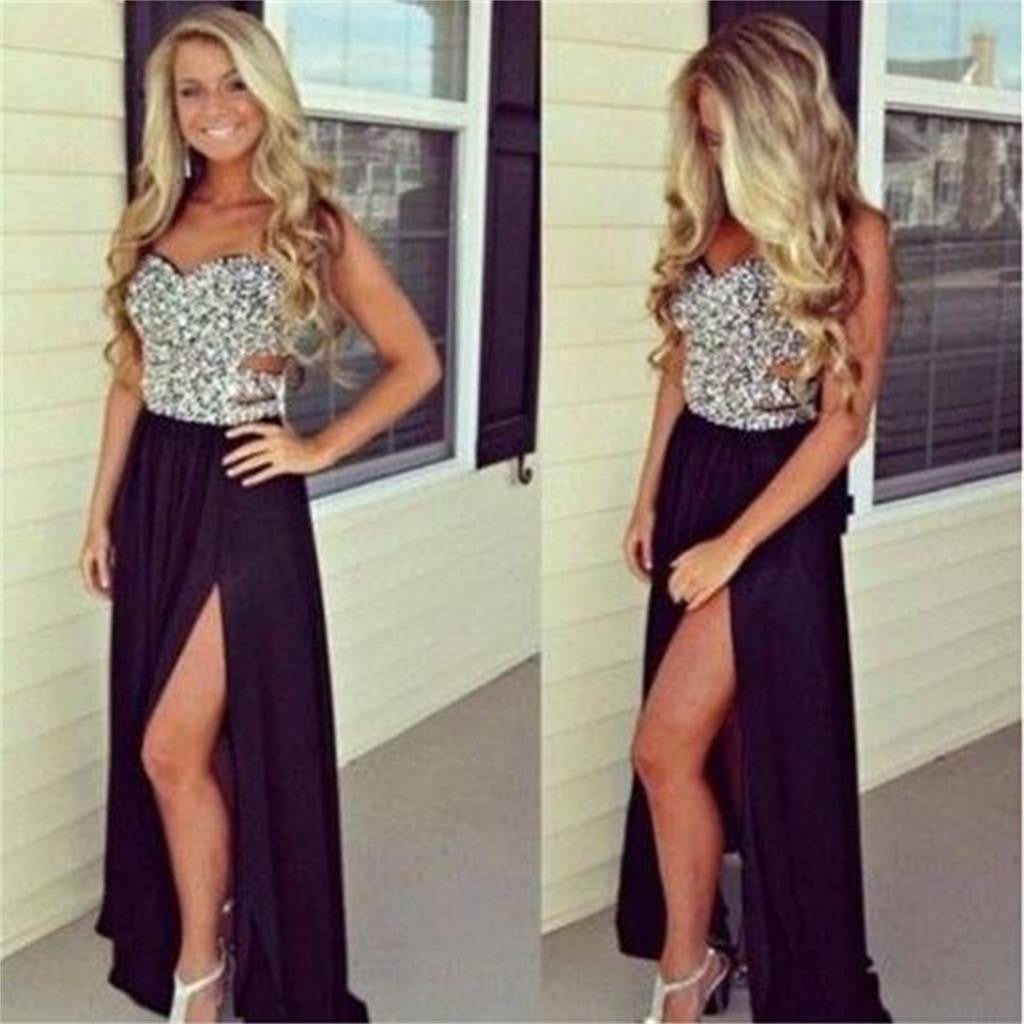 Long Black Seet Heart Sleeveless Side Slit Chiffon Formal Party Evening Prom Dresses, PD0047