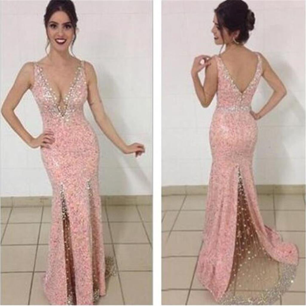 Pink Sexy Mermaid Deep V-neck Newest Shinning Long Evening Party Prom Wish Gown Pink Sexy Mermaid Deep V-neck Newest Shinning Long Evening Party Prom Wish Gown