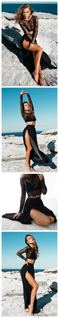 Black Lace Long Sleeves Sexy Slit Two Pieces Party Cheap A-line Long Prom Evening Party Dress, PD0056 - Wish Gown
