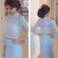 Long Sleeves Two Pieces Blue Lace High Neck Mermaid Sexy Long Evening Prom Dresses, PD0074