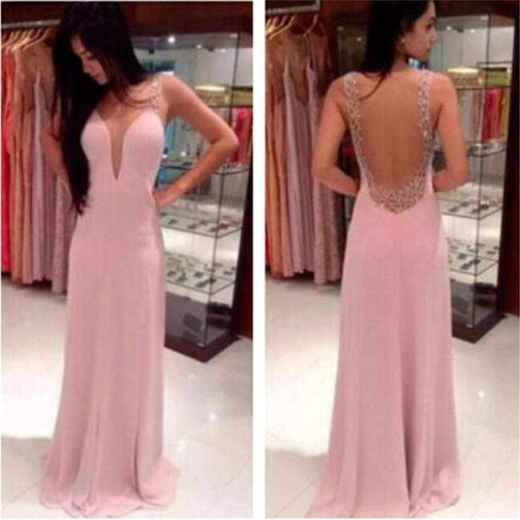 Pink Deep V-Neck Backless Long Pretty Evening Pary Affordable Maxi Prom Dresses, PD0076