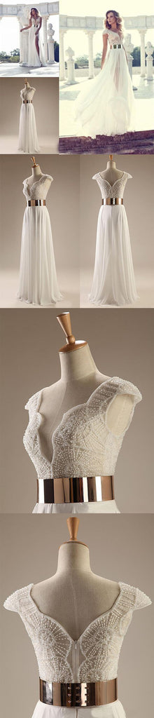 White Beading Cap Sleeves Elegant Custom Long Side Slit Party Evening Prom Dresses, PD0082