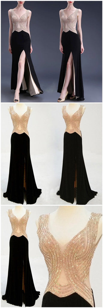 Side Slit Beading Sexy Formal Evening Party Inexpensive Black Long Prom Dresses, PD0086