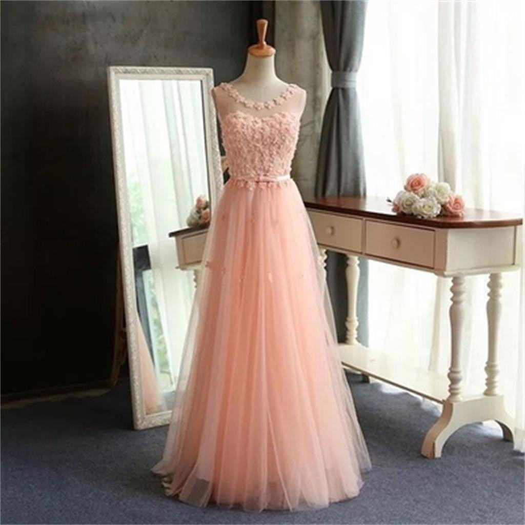 Scoop Tulle Pretty Popular A-Line Evening Custom Long Prom Dresses Online, PD0096