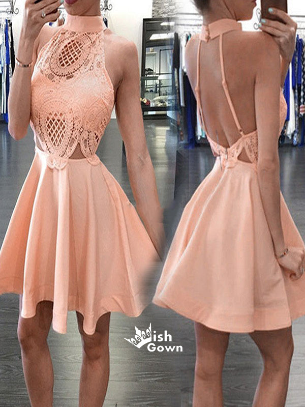 Blush Pink High Neck Open Backs Unique Style Homecoming Prom Dresses, Wish Gown Blush Pink High Neck Open Backs Unique Style Homecoming Prom Dresses, Wish Gown