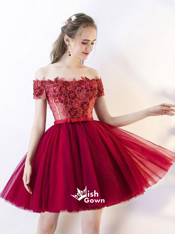 Red Off Shoulder Appliques Tulle A-line Freshman Cocktail Homecoming P Wish Gown Red Off Shoulder Appliques Tulle A-line Freshman Cocktail Homecoming P Wish Gown