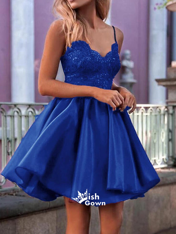 Royal Blue Spaghetti Strap Lace Sexy A-line Short Homecoming Prom Gown – Wish Gown