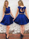 Royal Blue Two Pieces Open Back Lace Top Sleeveless Satin Short Homecoming Prom Dress, BD00132