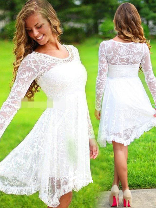 Long Sleeve White See Through Lace Beaded Wedding Bridesmaid Homecoming Prom Dress, BD00134