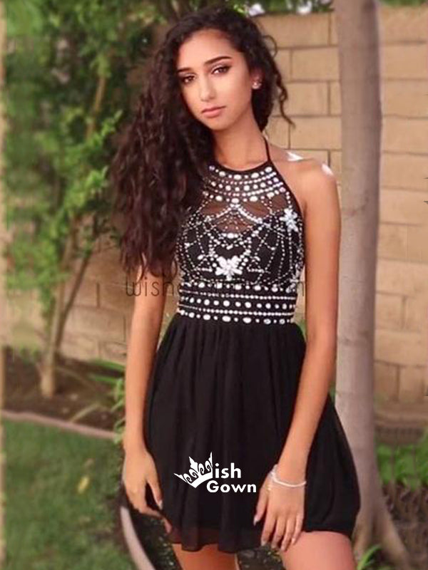 Pretty Beaded Lovely Halter Black Short Cheap Homecoming Dresses, BD00136