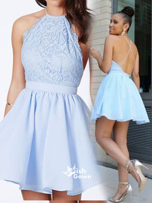 Baby Blue Lace Open Back Halter Sexy Short Chiffon Freshman Homecoming Prom Dresses, BD00139