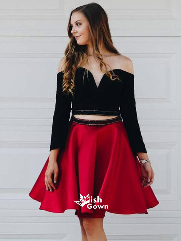 Long Sleeve Two Pieces Black Off Shoulder Red A-line Satin Short Homecoming Prom Dresses, BD00159
