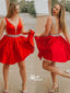 Red Short Backless Beaded V-neck Satin Homecoming Prom Dress, BD00166