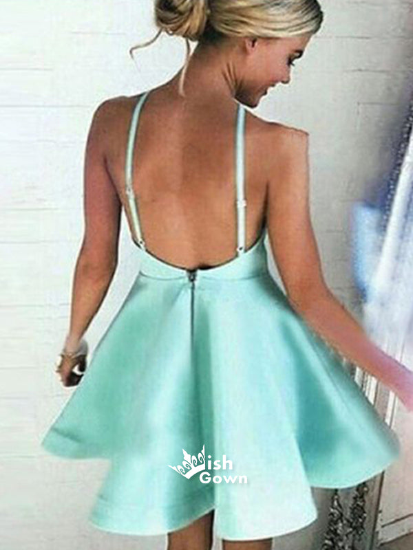 Short Mint Green Backless Spaghetti Straps Simple A-line Sexy Freshman Homecoming Prom Dresses, BD00190