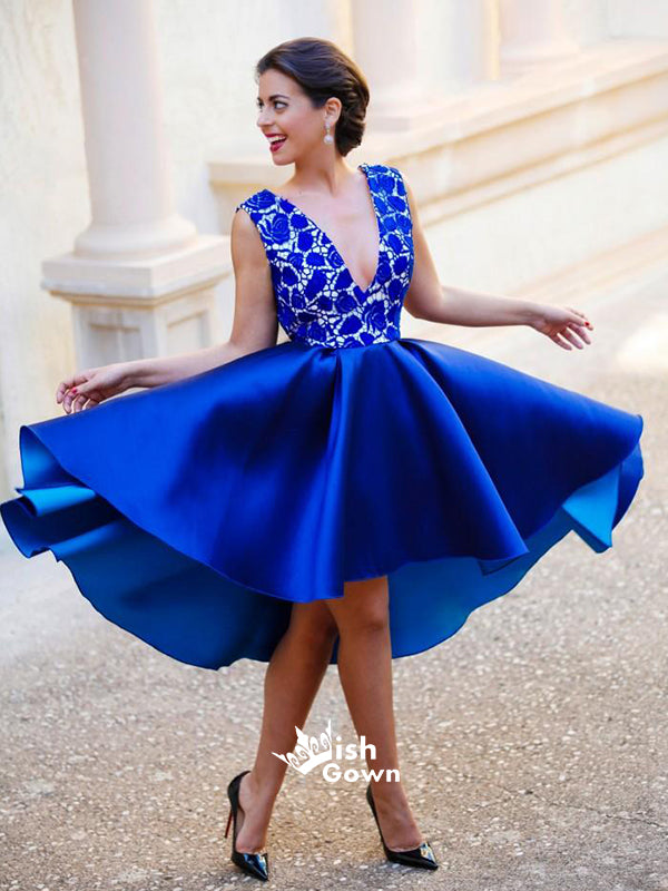 Royal Blue Lace Top V-back Satin A-line Knee-length Homecoming Prom Dr Wish Gown Royal Blue Lace Top V-back Satin A-line Knee-length Homecoming Prom Dr Wish Gown