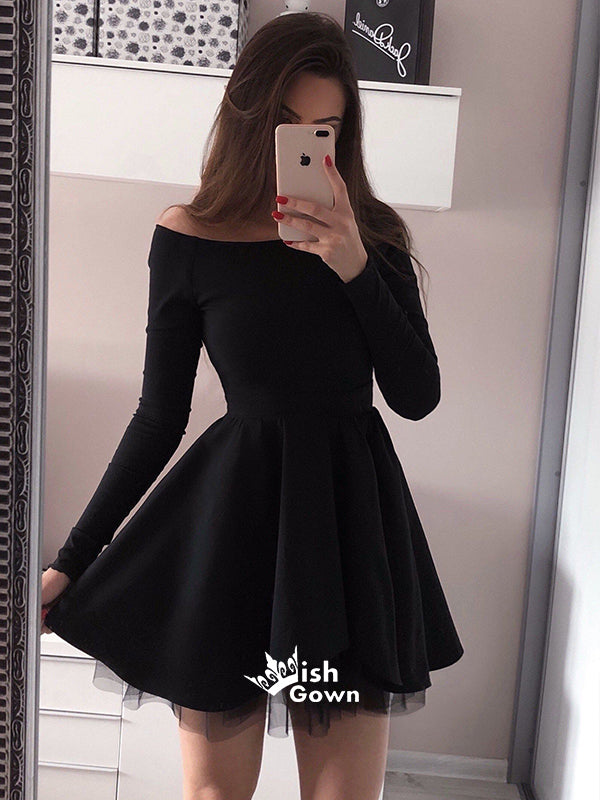 Chic Long Sleeve Black Off Shoulder Simple A-line Short Homecoming Pro Wish Gown Chic Long Sleeve Black Off Shoulder Simple A-line Short Homecoming Pro Wish Gown