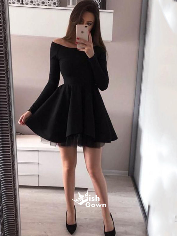 Chic Long Sleeve Black Off Shoulder Simple A-line Short Homecoming Prom Dress, BD00200