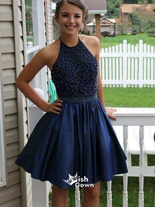 Royal Blue Beaded Halter Short Satin Homecoming Prom Dresses, BD0034 Wish Gown Royal Blue Beaded Halter Short Satin Homecoming Prom Dresses, BD0034 Wish Gown