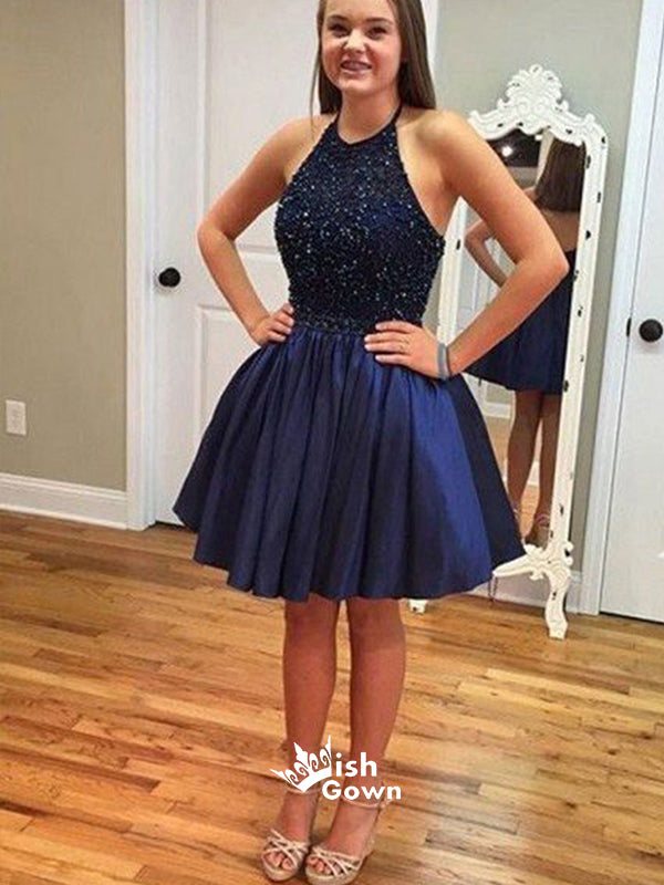 Royal Blue Beaded Halter Short Satin Homecoming Prom Dresses, BD0034 Wish Gown Royal Blue Beaded Halter Short Satin Homecoming Prom Dresses, BD0034 Wish Gown