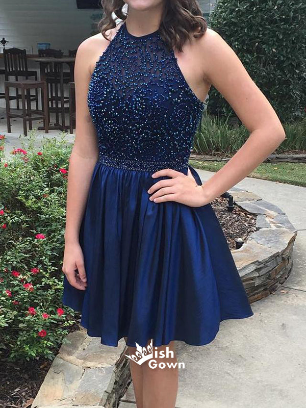 Royal Blue Beaded Halter Short Satin Homecoming Prom Dresses, BD0034 Wish Gown Royal Blue Beaded Halter Short Satin Homecoming Prom Dresses, BD0034 Wish Gown
