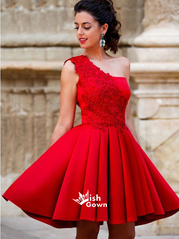 Red Satin Appliques One Shoulder Knee-length Graduation Homecoming Pro Wish Gown Red Satin Appliques One Shoulder Knee-length Graduation Homecoming Pro Wish Gown