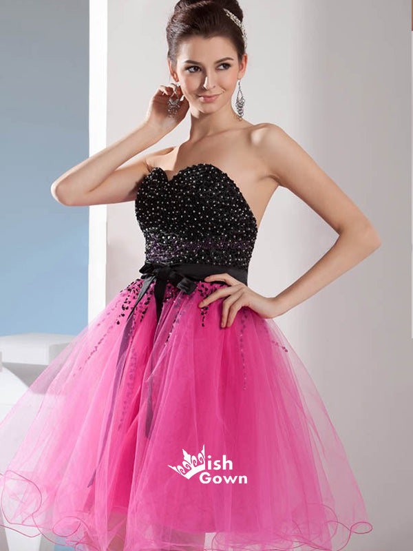Hot Pink Organza Sequin Strapless Black Bowknot Mini Cocktail Dress Homecoming Prom Dress, BD0068