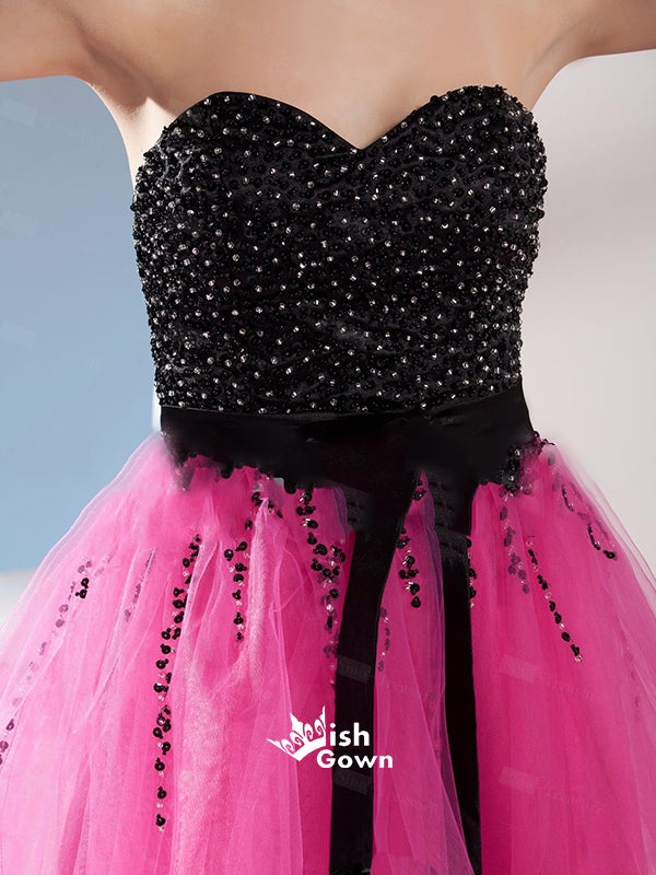 Hot Pink Organza Sequin Strapless Black Bowknot Mini Cocktail Dress Homecoming Prom Dress, BD0068