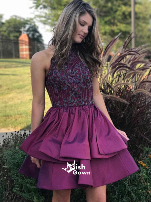 Modest Purple Halter Appliques Satin A-line Mini Casual Homecoming Prom Gown Dress, WGP057