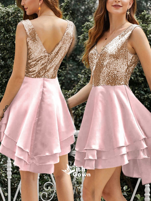 Sweet Pink V-neck Sequin Top Sleeveless Casual Short Graduation Homecoming Dress, BD0091