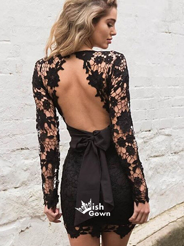 Sexy Tight Long Sleeve Black Lace Open Back Bow-knot Short Casual Cocktail Homecoming Prom Dress,BD0092