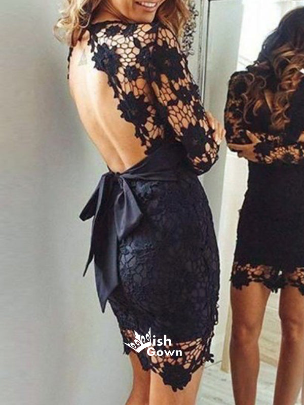 Sexy Tight Long Sleeve Black Lace Open Back Bow-knot Short Casual Cocktail Homecoming Prom Dress,BD0092