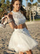 White Halter Lace Two Pieces Short Beach Wedding Bridesmaid Homecoming Dress, BD0093