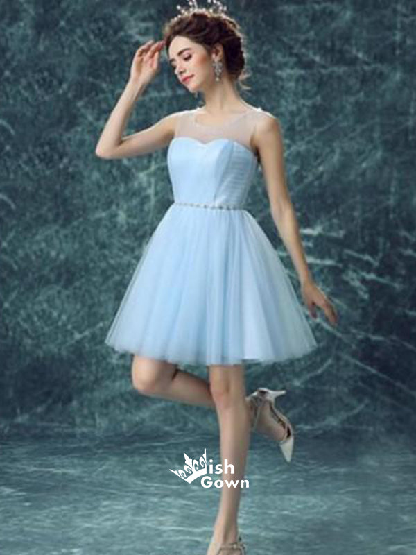 Light Blue Illusion Tulle Cute Homecoming Prom Cocktail Dresses, CM0017