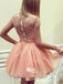Pink Chiffon Ball Gown Lace See Through Short Cute Homecoming Prom Dresses, CM0031