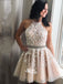 Cute Pink Halter Applique Lace Short Homecoming Dresses EPT116