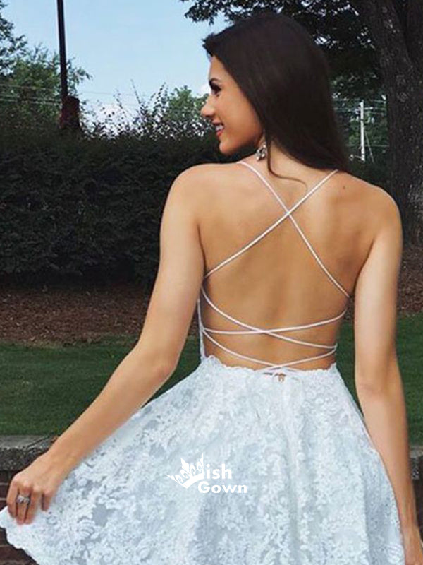 Elegant White Spaghetti Strap Lace Short Homecoming Dresses, EPT123