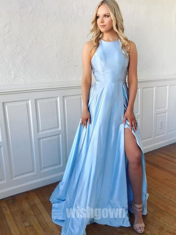 Blue Open Back Side Slit Popular Long Prom Dresses, MD1118